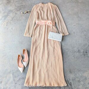 Vintage Miss Elliette Tan Beige Pleated Crinkle Maxi Dress Gown